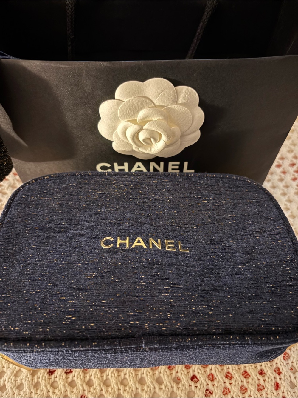 Chanel Navy Tweed Cosmetic Pouch with Gold Logo. With box & Bag